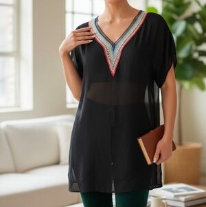 Boho Chic Black Sheer Summer Rainbow V-Neck Top Size Small